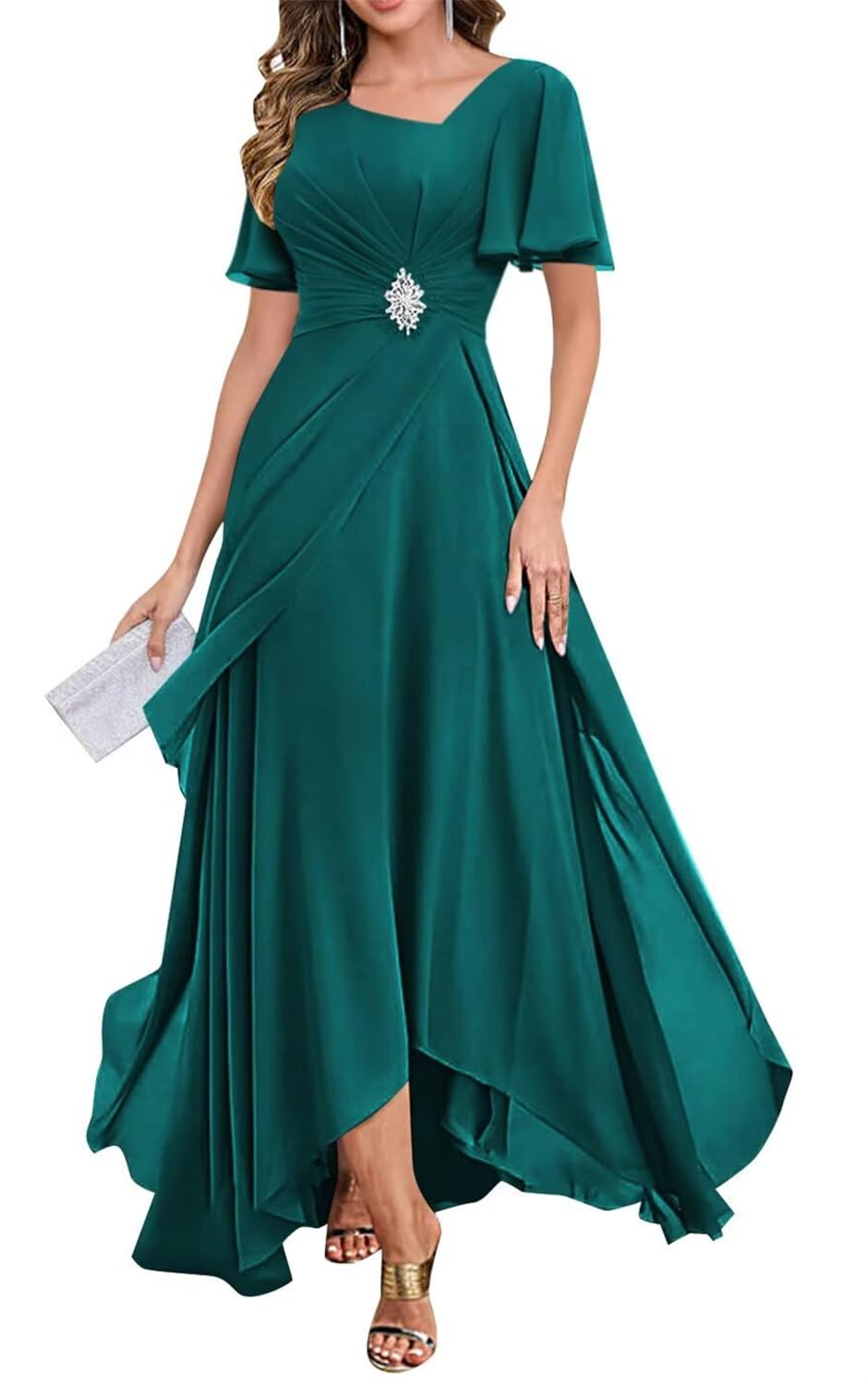 Yiann Women's Teal Flutter Sleeve Mother Of The Groom Dresses For Plus Size Corset Long Wedding Guest Dress Uk26