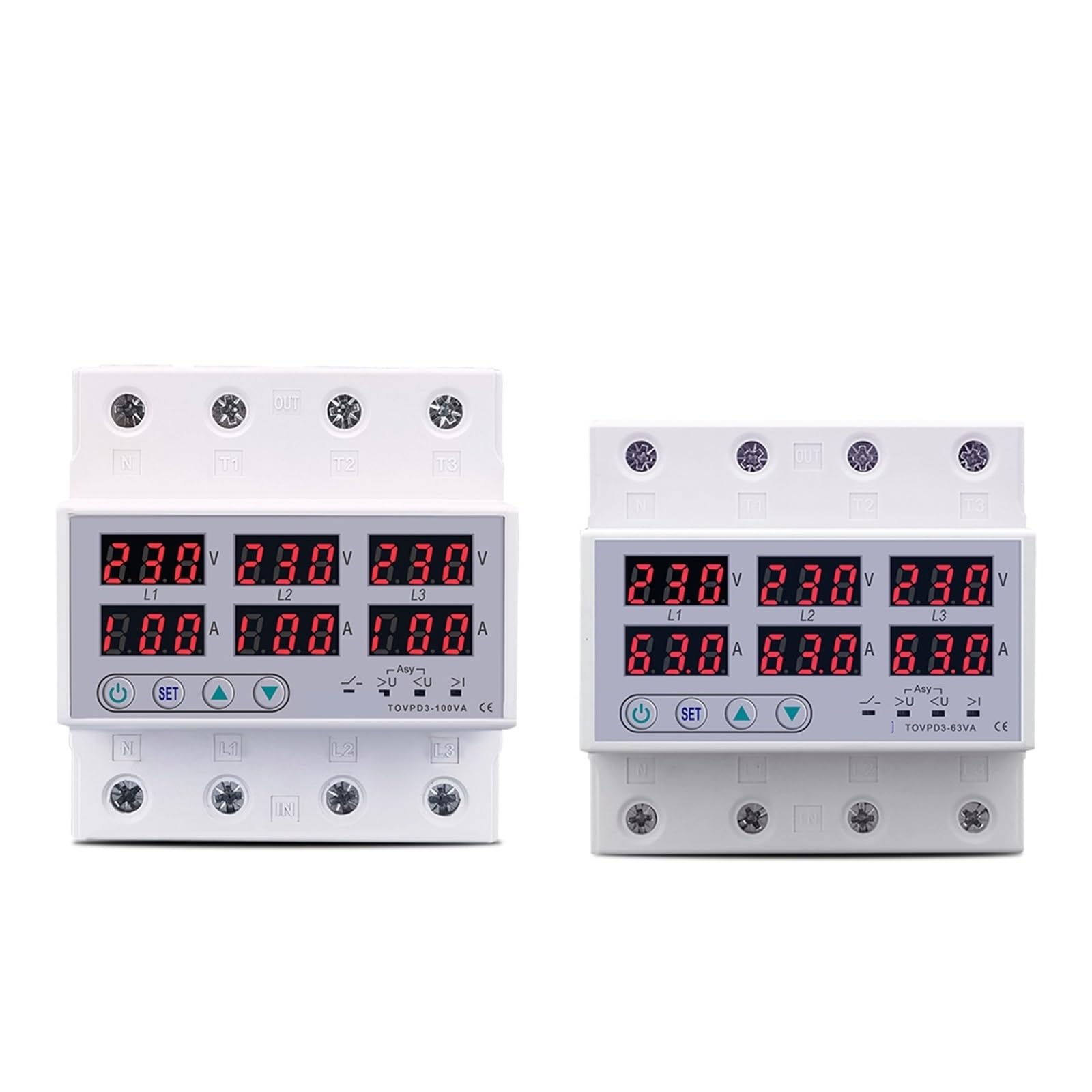 NVSFZGIYG Din Rail 3 Phase Voltage Relay 3P+N Voltmeter Ammeter Over and Under Monitor Relays Protector 1Pcs(63A without N 380V)
