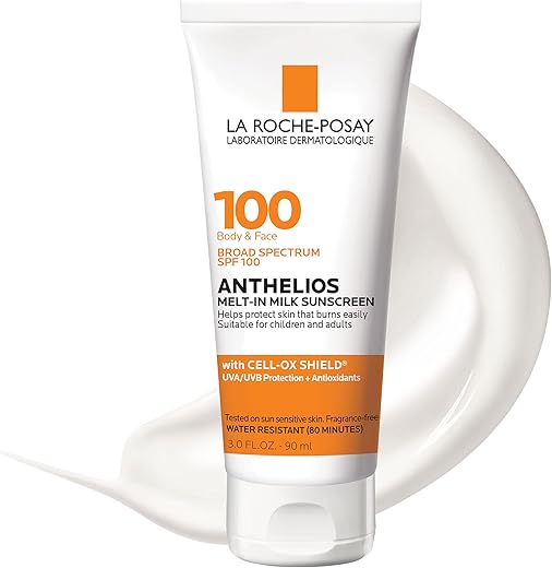 La Roche-Posay Anthelios Melt-in Milk Body & Face Sunscreen Lotion Broad Spectrum SPF 100, Oxybenzone & Octinoxate Free, Sunscreen for Kids, Adults & Sun Sensitive Skin, Unscented, 3 Fl oz