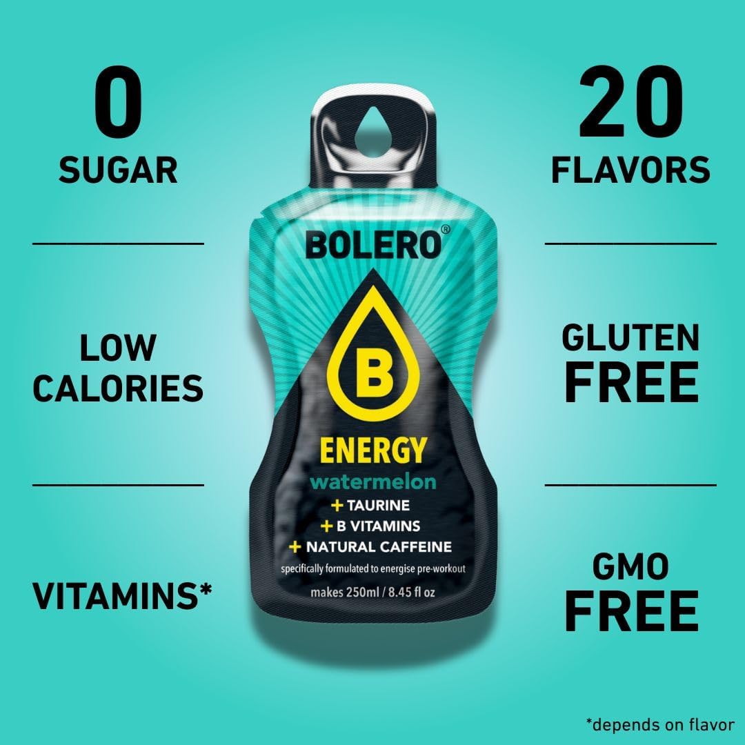 Bolero Energy | Sugar-Free Powder Drink | Vegan & Gluten-Free | For Active Lifestyles (12x7g, Green Iced Tea)