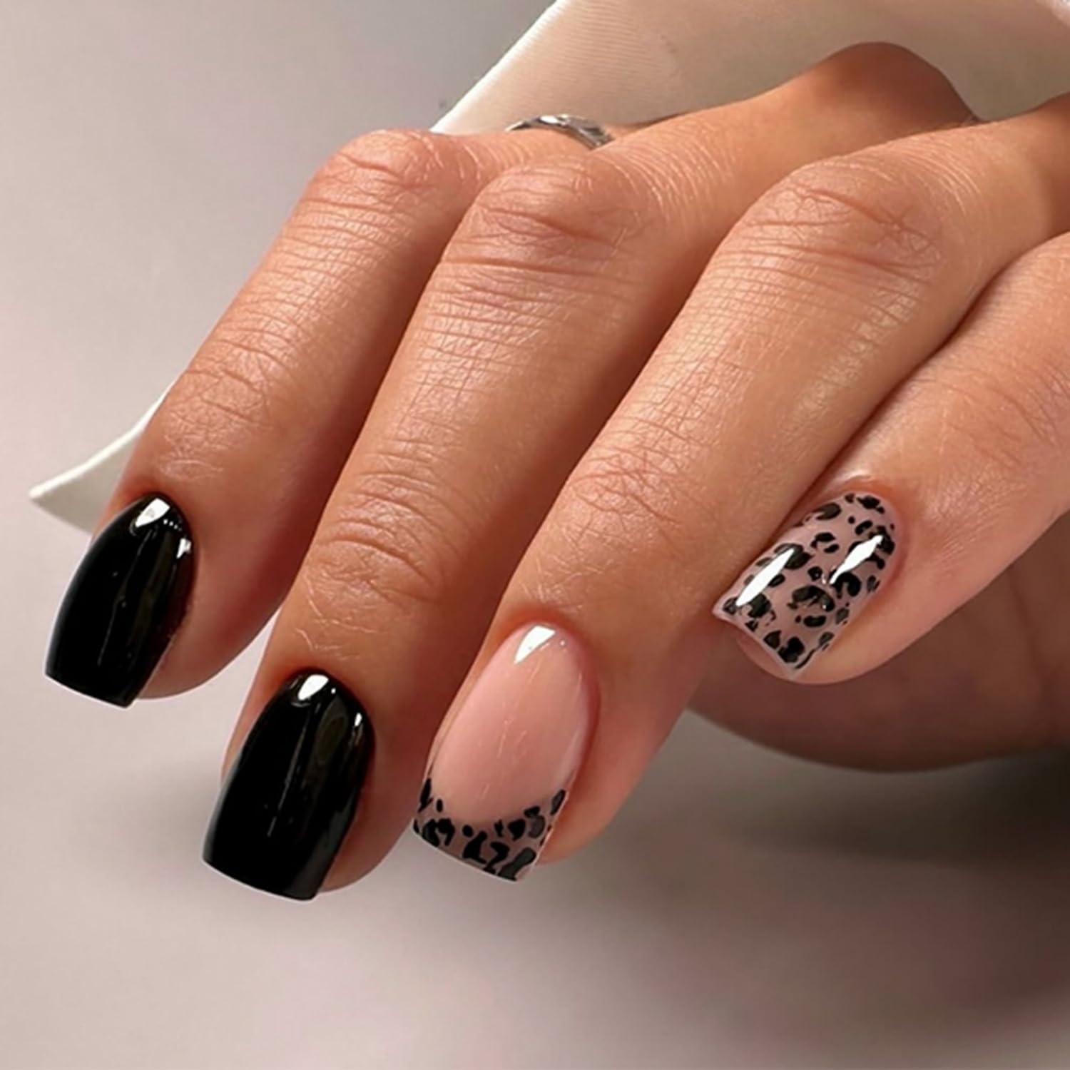 Leopard Press on Nails Short Square Black Fake Nails Short French Tip False Nails with Leopard Designs Acrylic Nails Spring Glue on Nails Glossy