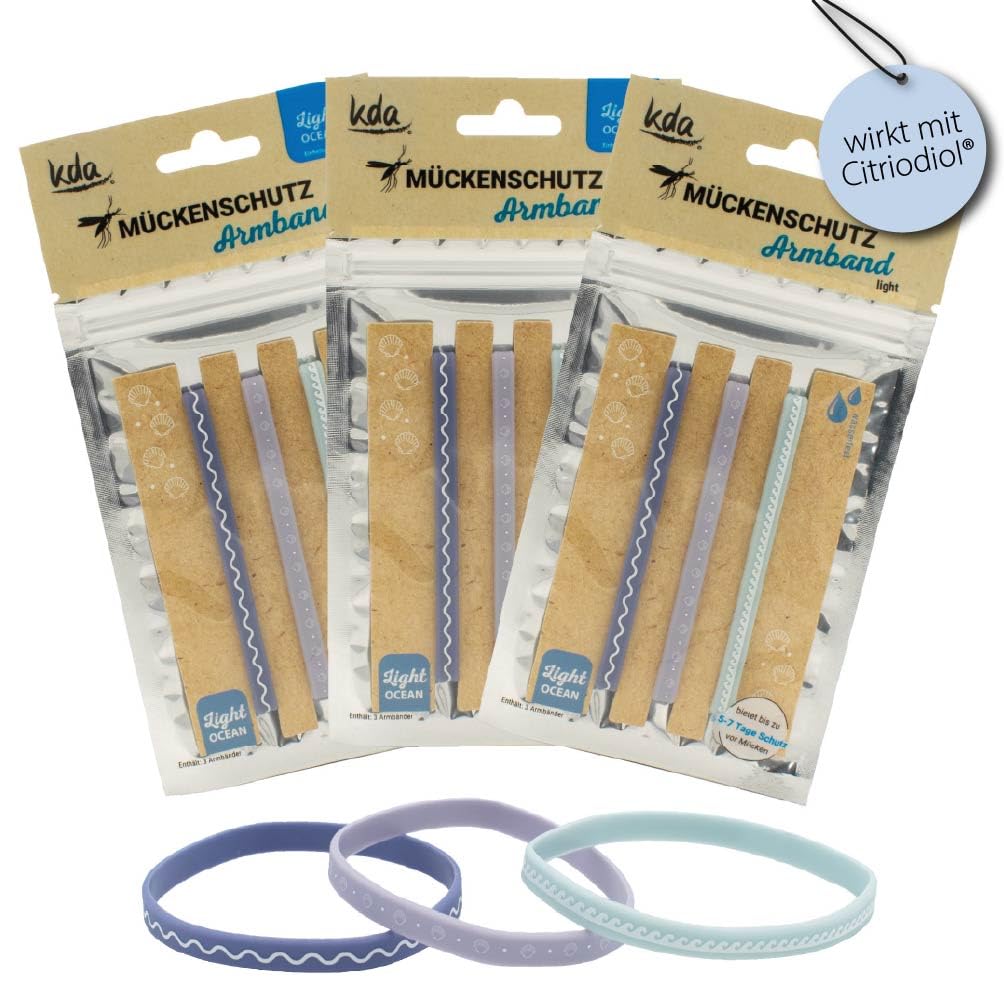 kda Mückenschutzarmband Light 3er Sparset - Silikon Mückenarmband Camping Wandern 3er Set (3x Ocean)