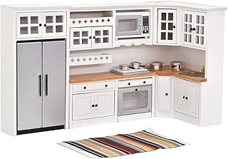 iLAND Wooden Dollhouse Furniture Set on 1/12 Scale for Dollhouse Kitchen incl Modern Miniature Kitchen Cabinets, Fridge, Oven, Microwave, Pots Set, Carpet