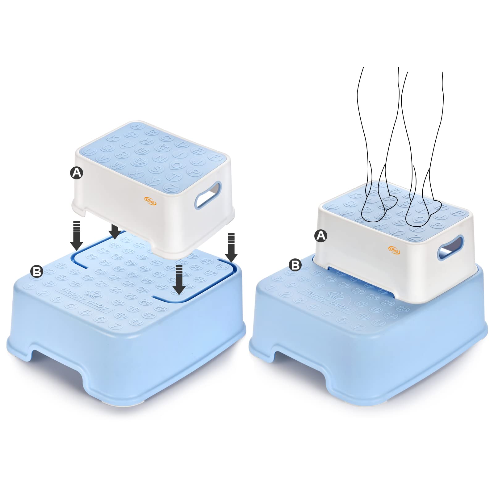 Marchepied Double tabourets, antidérapant Sécurité Tabouret séparable, Tabourets Enfants et Adultes, Apprentissage des Toilettes, Baignoire, brossage des Dents, Lavage des Mains, Bleu