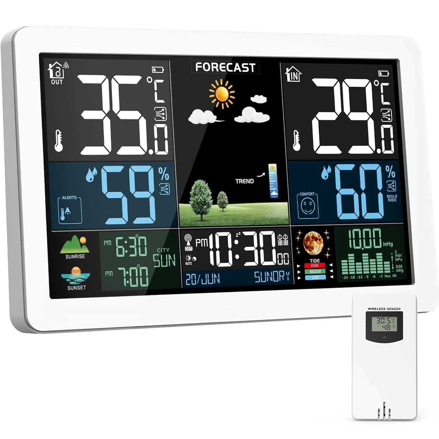 Brataste Wireless Weather Station main unit displaying indoor and outdoor temperature, humidity, weather forecast, time, and date.