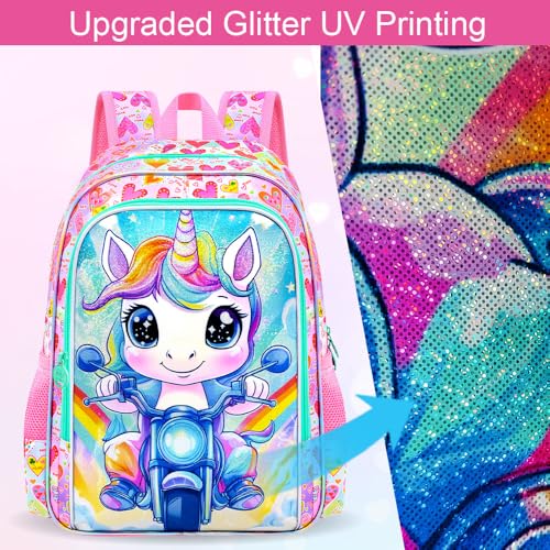Image of HPJGD 3PCS Unicorn Backpack for Girls, Kids Biker Bookbag Set with Lunch Box, Cute Water Resistant Elementary School Bag for Preschool Toddler - Pink Unicorn Motorcycle