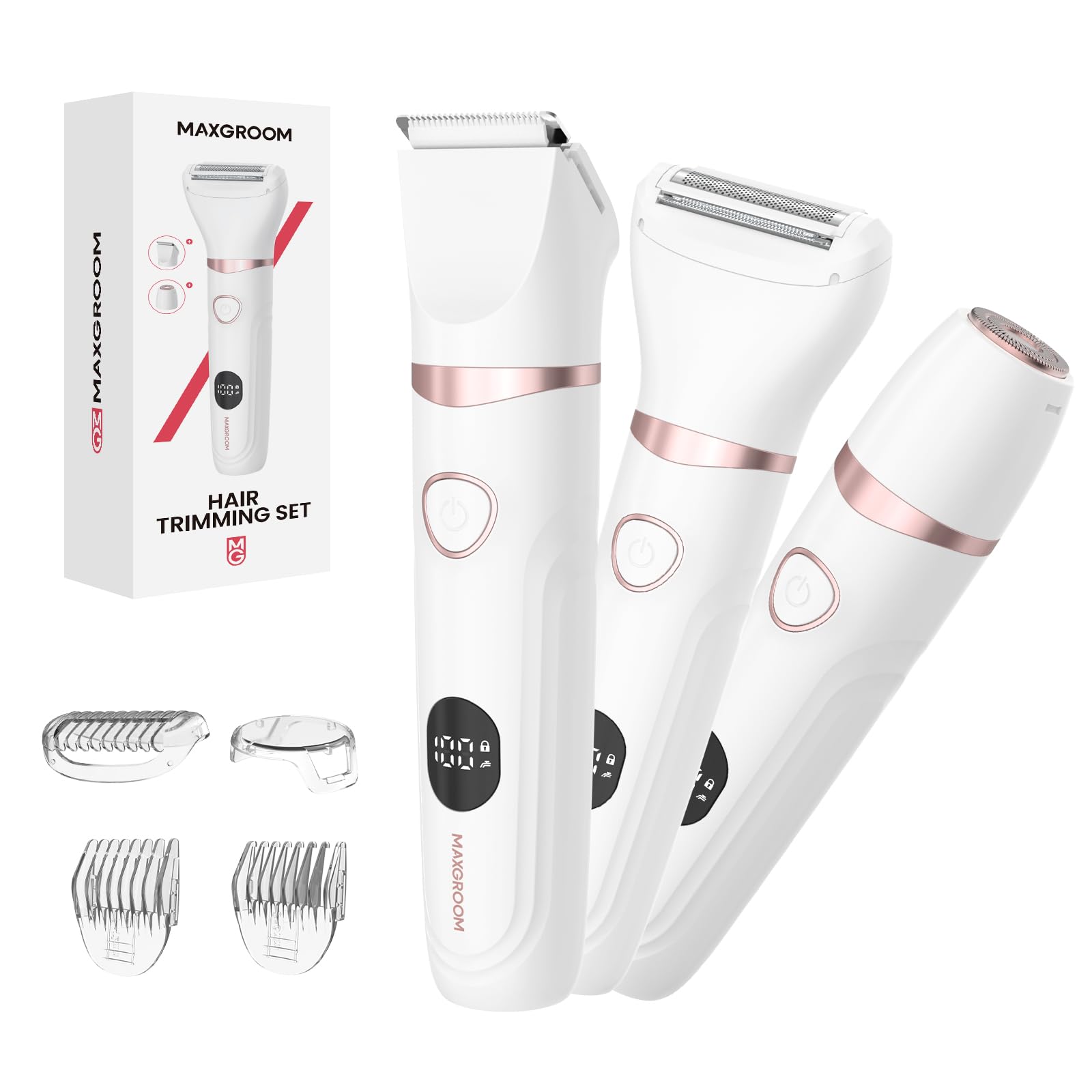 MAXGROOM Afeitadora Mujer, 3 en 1 Kit Afeitadora Electrica para Cara, Cuerpo y Zonas Íntimas, Indoloro Depiladora Mujer Uso en seco y Húmedo, Carga USB-C