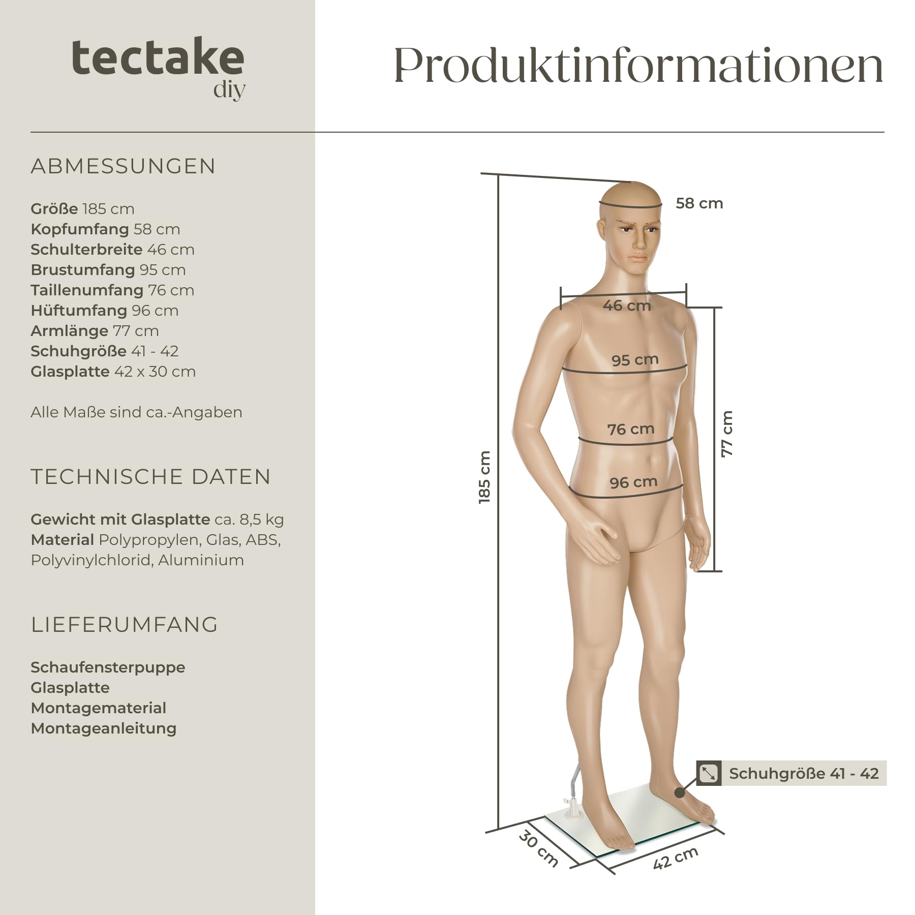 tectake® Schaufensterpuppe, drehbare und bewegliche Puppe lebensgroß, Figuren mit Kopf, Mannequin, Schneiderpuppe, Kleiderpuppe, Aufstellungsfiguren - Herren