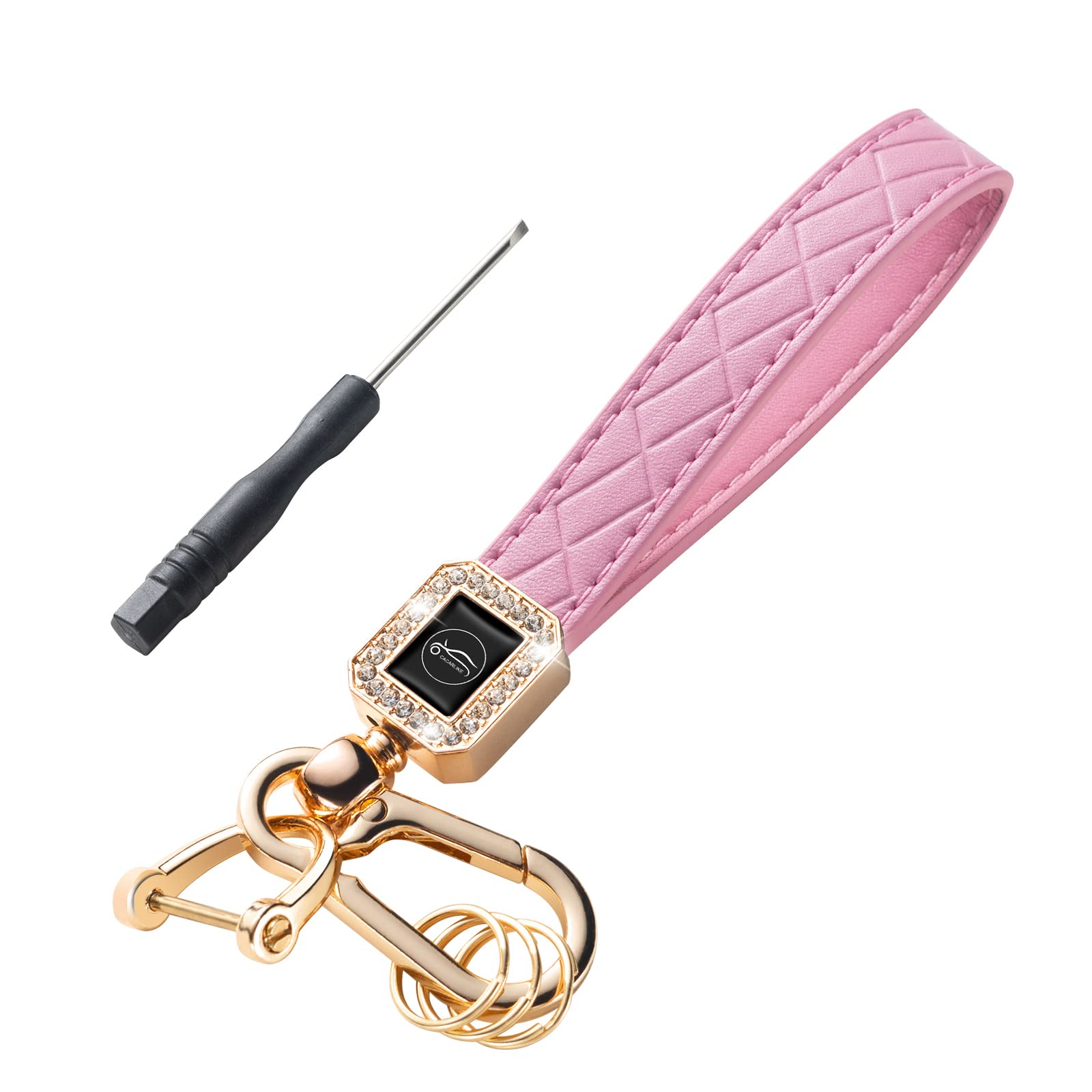 CACARLIKE Universal Leather Car Keychain, Extended Lanyard Key Fob Holder with 3 Keyrings, Anti-lost D-ring and Carabiner Clip, Pink