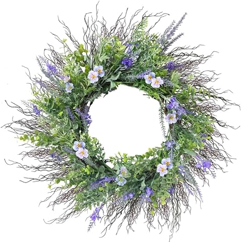 Beinhome 24 inch Spring Summer Wreath, Lavender Wreath for Front Door, Valentine's Day Wreaths Wedding Wreath Artificial Handmade Wreath with Green Leaves for for Outdoor Home Party Wall Window Porch Cover