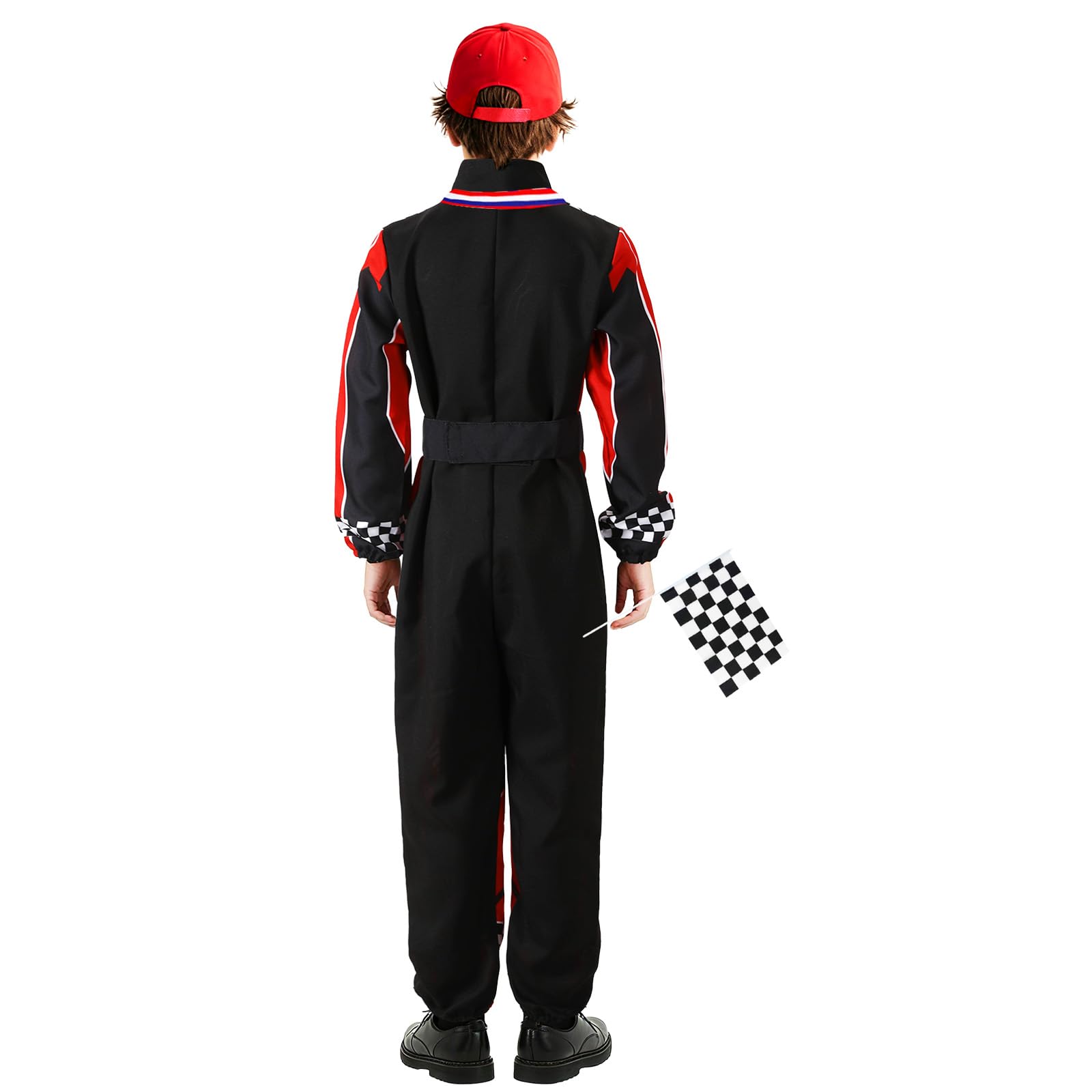 Rennfahrer Kostüm Kinder Race Overall Jumpsuit mit Gläser Medaille Hut Flagge für Halloween Karneval Racer Cosplay