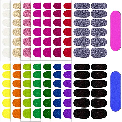 16 Sheets Glitter Nail Wraps Nail Polish Stickers Self-Adhesive Nail Art Decals Strips in Solid Colors with 2 Pieces Nail File for Women Girls Manicure DIY Nail Art Decoration (Classic Color)