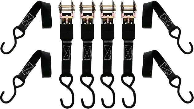Muddy 1" X 10 Standard Duty Durable Reliable Weather-Resistant Versatile Reinforced Ratchet Straps with Vinyl-Coated S-Hooks | 300LB Working Strength/900LB Breaking Strength | 4 Pack, Black
