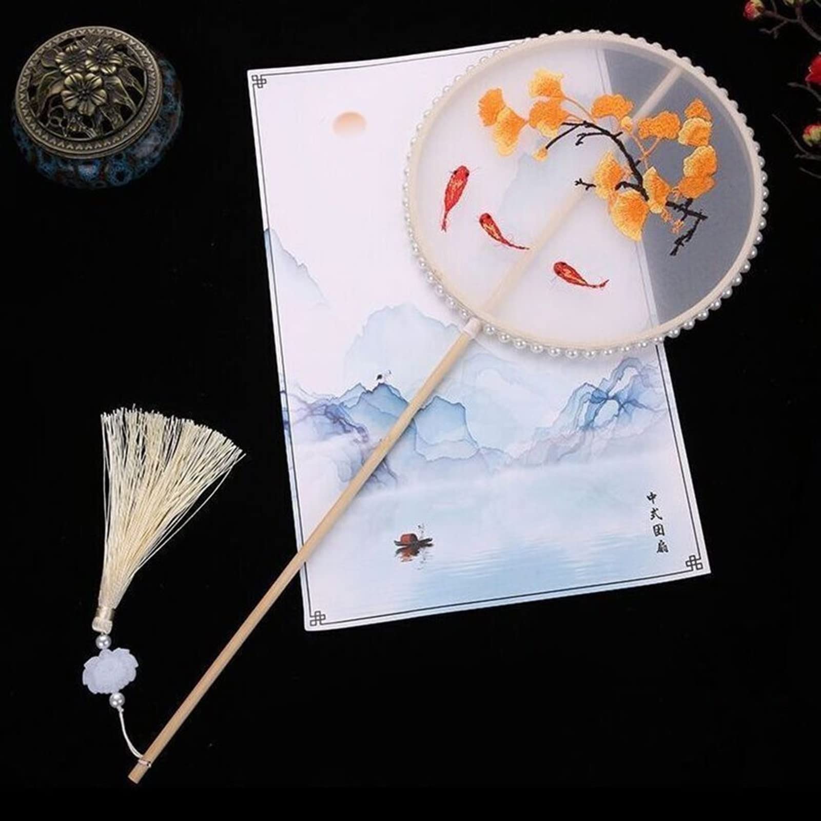 LKLNKVL folding fan, Folding Hand Fan - Chinese Style Embroidery Decoration Fans with Ancient Long Handle Tassel Clothing Cheongsam Dance Decorative(7)