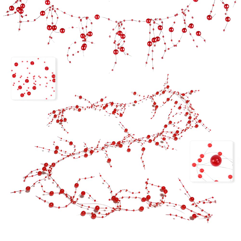 OKUYAN 2PCS Christmas Red Beaded Garland Artificial Pearl Beads Trims for Tree, Fireplace, Wreath, DIY Crafts, Xmas, Holiday Party Decor