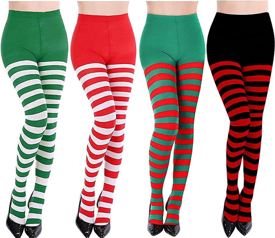Image of Generic Striped Tights for Women, Adult Christmas Cosplay, Footed, Stretchy, Opaque Pantyhose, Semi Opaque, Xmas