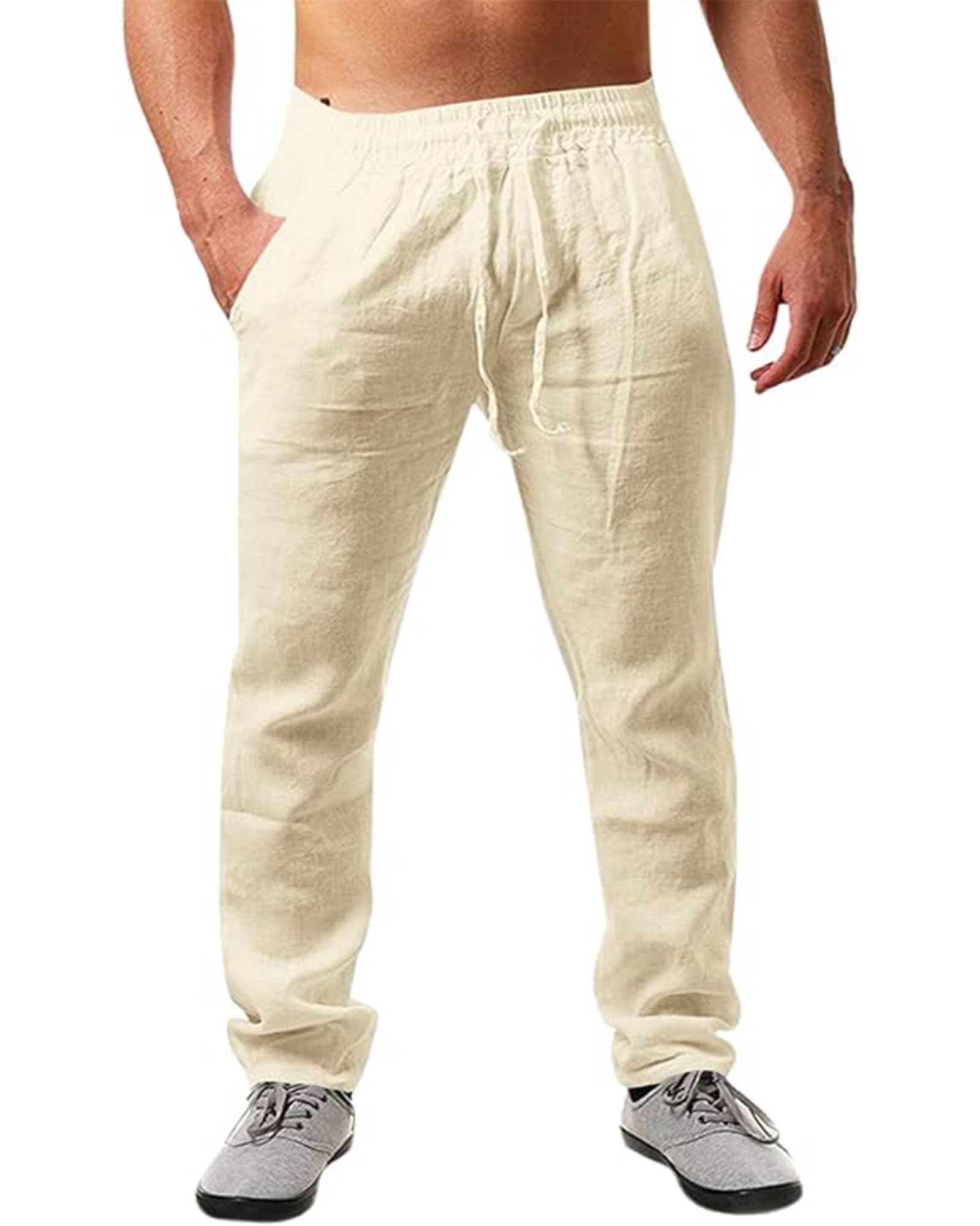 JESDM Leinenhose Herren Sommer Herbst Lose Lässige Leinenhose mit Taschen Elastischer Bund M-3XL