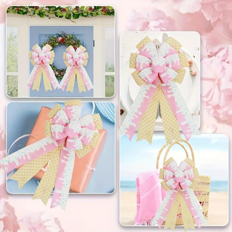 1 Pcs Large Summer Bows for Wreath, 17.8 Inch x 9.8 Inch Pink Ice Cream Bows, DIY Craft Bow for Front Door, Summer Party, Home Decor, Gift Wrapping, Porch Decoration