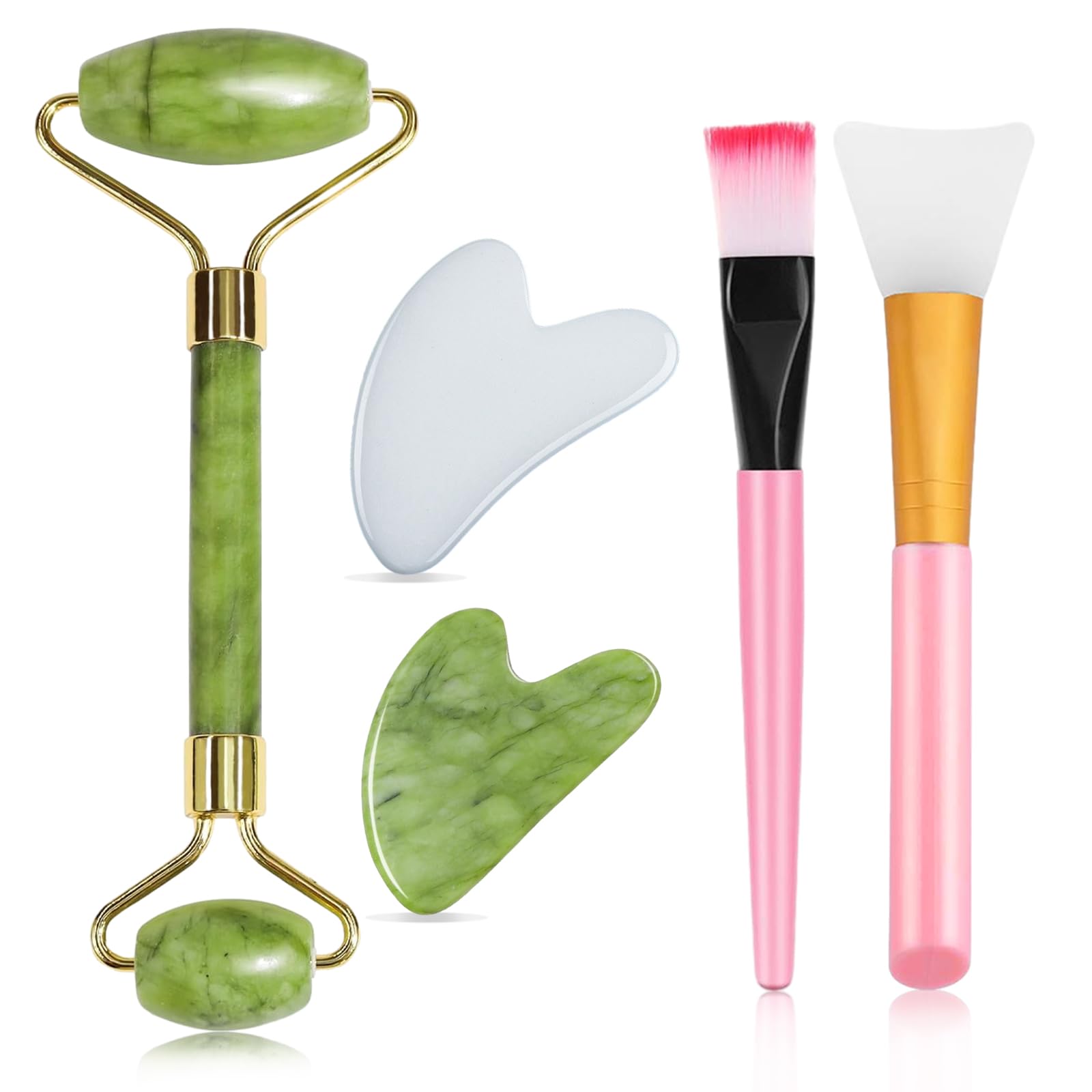 EUDUQ 5 en 1 Gua Sha Facial Rodillo de Jade,Rodillo de Jade Masajeador Facial Guasha Facial Piedra Cepillo de Mascarilla de Silicona,para tensar la piel, antienvejecimiento y aliviar la hinchazón