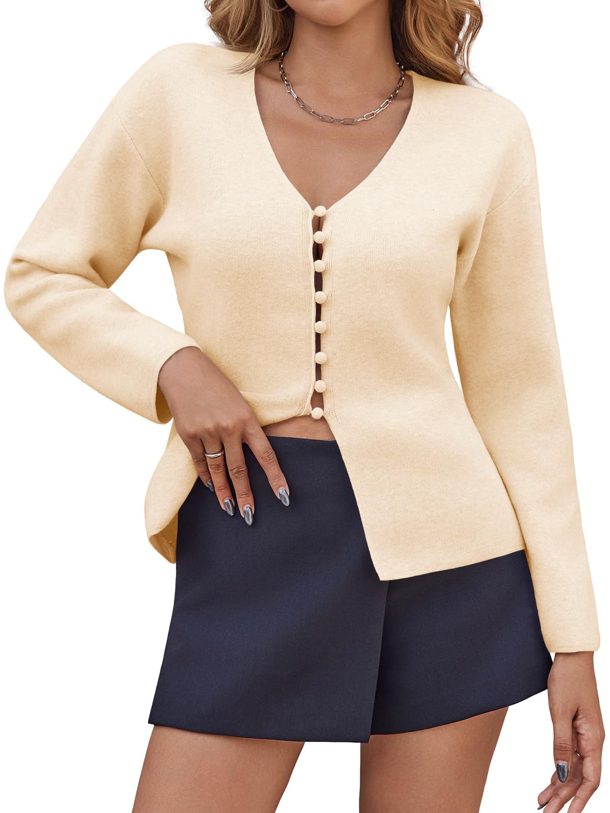 Saodimallsu Womens V Neck Cardigan Sweaters Button Up Fall Trendy Front Split Long Sleeve Sweater Blazer