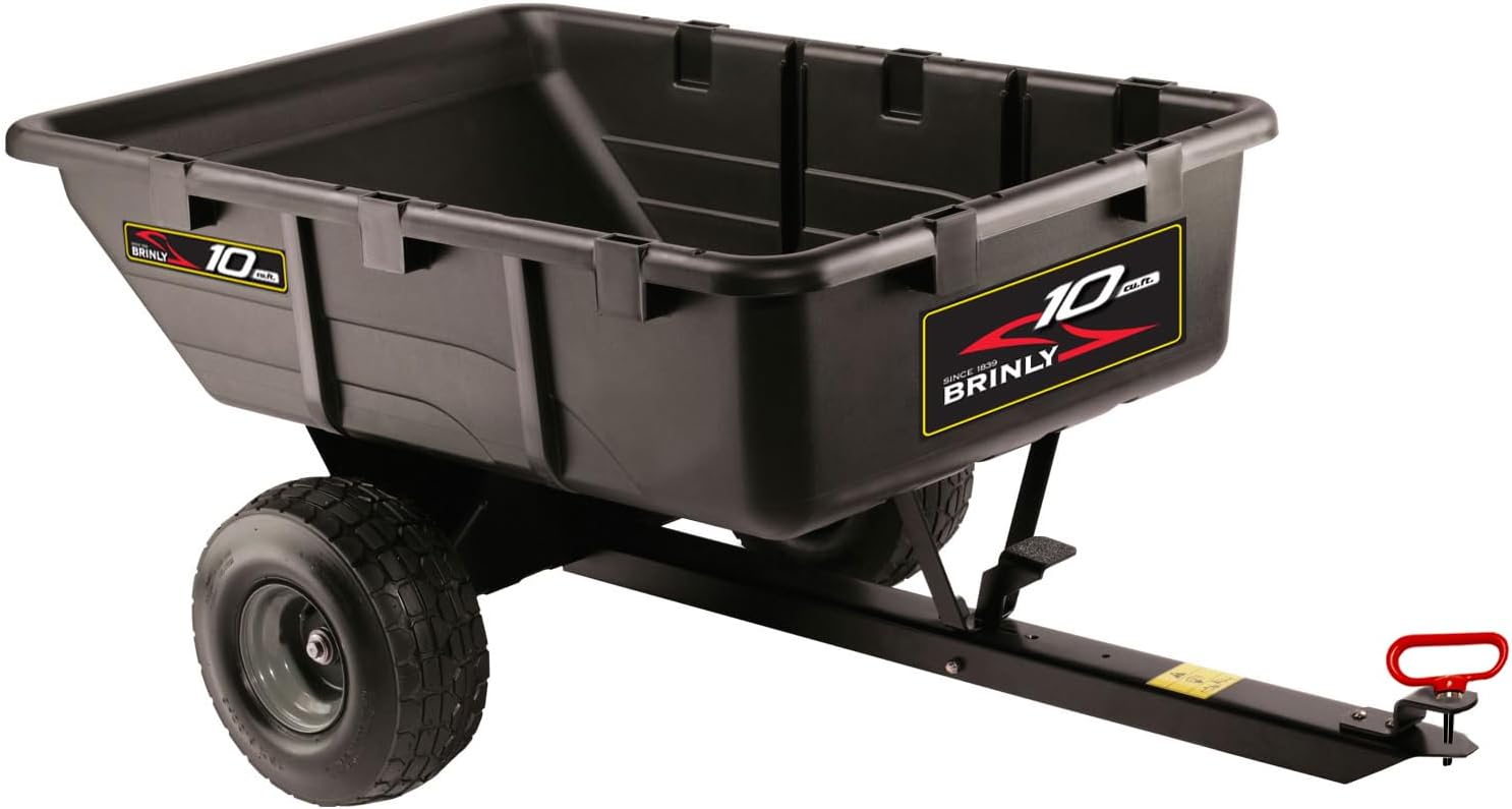 Brinly 10 cu.ft. 650lb Heavy Duty Tow-Behind Poly Utility Cart & Dump Trailer with Magnetic Hitch Pin & Compression Molded Bed