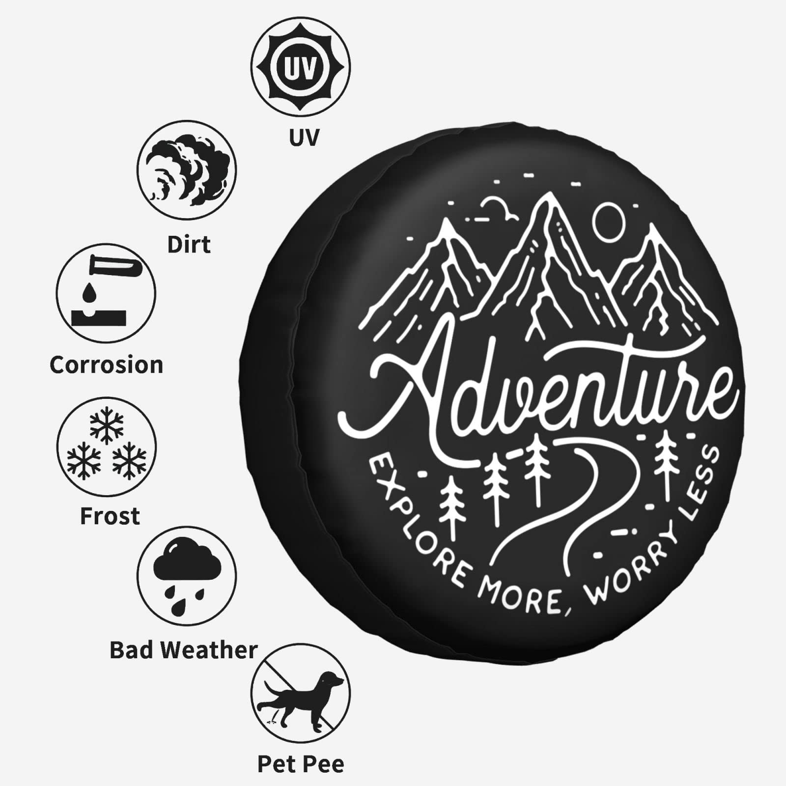 Housse de Pneu de Secours pour Camping-Car, remorque, Camion, VUS, Adventure Awaits – Housse de Pneu résistante aux intempéries pour Camping-Car, remorque, Accessoires universels 35,6 cm,
