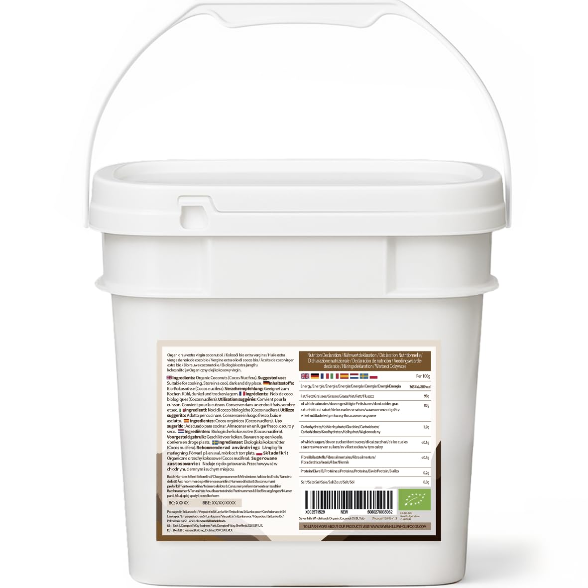 Sevenhills Wholefoods Kokosöl Bio 5L, Extra Vergine, Nativ, Roh, Kaltgepresst, zum Kochen & Backen, für Haut & Haare