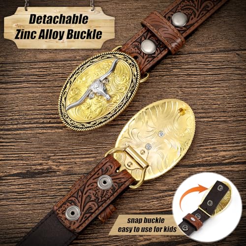 Kids Western Belt for Boys Girls, Embossed Genuine Leather Cowboy Cowgirl Belt for Jeans Pant Dresses Gift2
