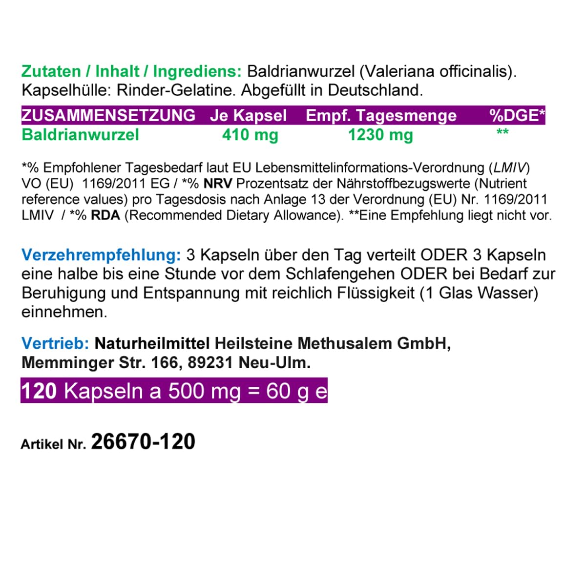 Baldrian 360 (3x120) Kapseln PFLANZLICHES Beruhigungsmittel. Innere Ruhe, gesunder Schlaf. NATÜRLICHE Einschlafhilfe - Einschlafen & Durchschlafen. BERUHIGUNG & ENTSPANNUNG. OHNE ZUSATZSTOFFE 26670-3