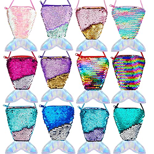 Mermaid Sequin Purse,12Pcs Mermaid Tail Wallets Glitter Reversible Sequins Coin Purses for Girls Boys Mermaid Party Favors
