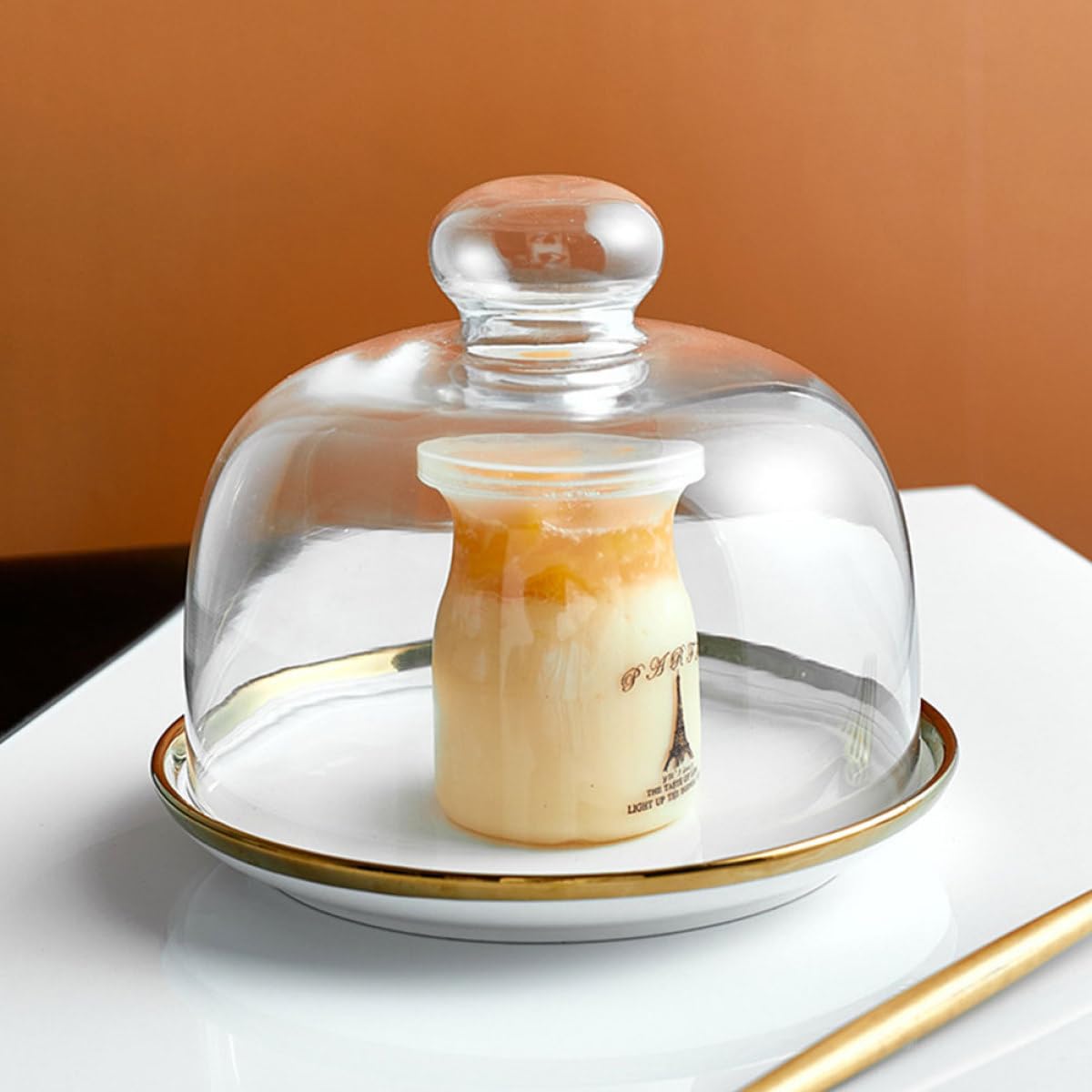 CALLARON Set de 1 Couvercle à Gâteau en Verre avec Plateau en Céramique, Protège Les Desserts et Garde la Fraîcheur, pour Mariages et Réceptions