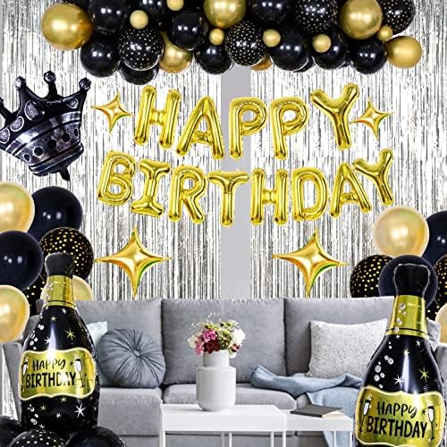 Happy Birthday Decorations for Men, Black and Gold Bday Party Decorations for Men Women Boys Happy Birthday Banner Balloons with Silver Foil Fringe Curtains,Party Supplies for 30th 40th 50th 60th 70th