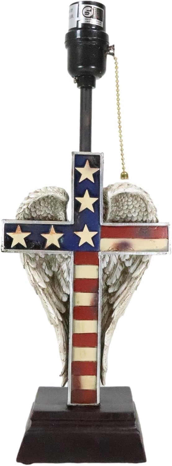 Ebros Gift Rustic Western Patriotic Star Spangled Banner American Flag Cross with Silver Angel Wings in Weathered Look Desktop Table Lamp with Brown Laced Shade Country Home Decor Accent