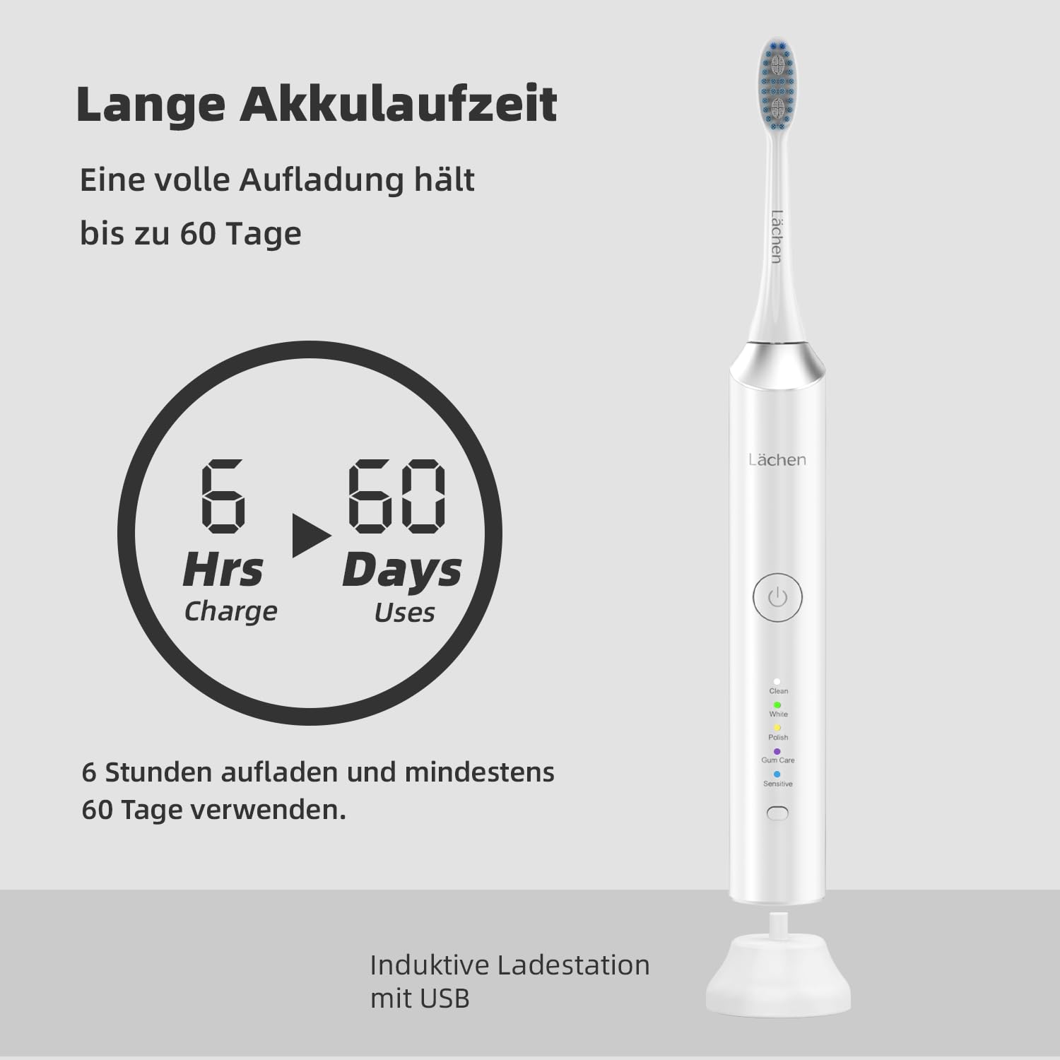 Lächen Cepillo de dientes eléctrico sónico, 5 modos, cepillo de dientes eléctrico sónico con estuche de viaje, 4 cabezales, carga USB para 60 días, temporizador, IPX7, resistente al agua, color blanco