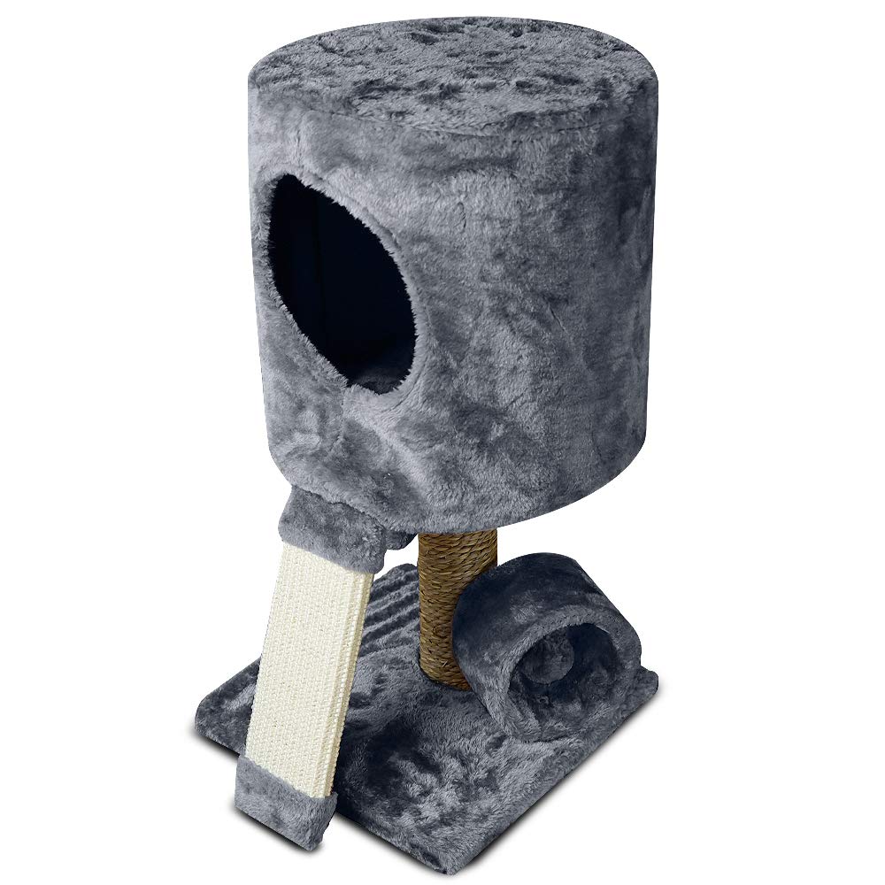 Kitty Time Small Cat Tree with Scratching Post and Condo | Natural Sisal Rope | Features Two Hanging Toys and Plush Faux Fur Exterior to Provide Fun and Comfort for Your Kitten