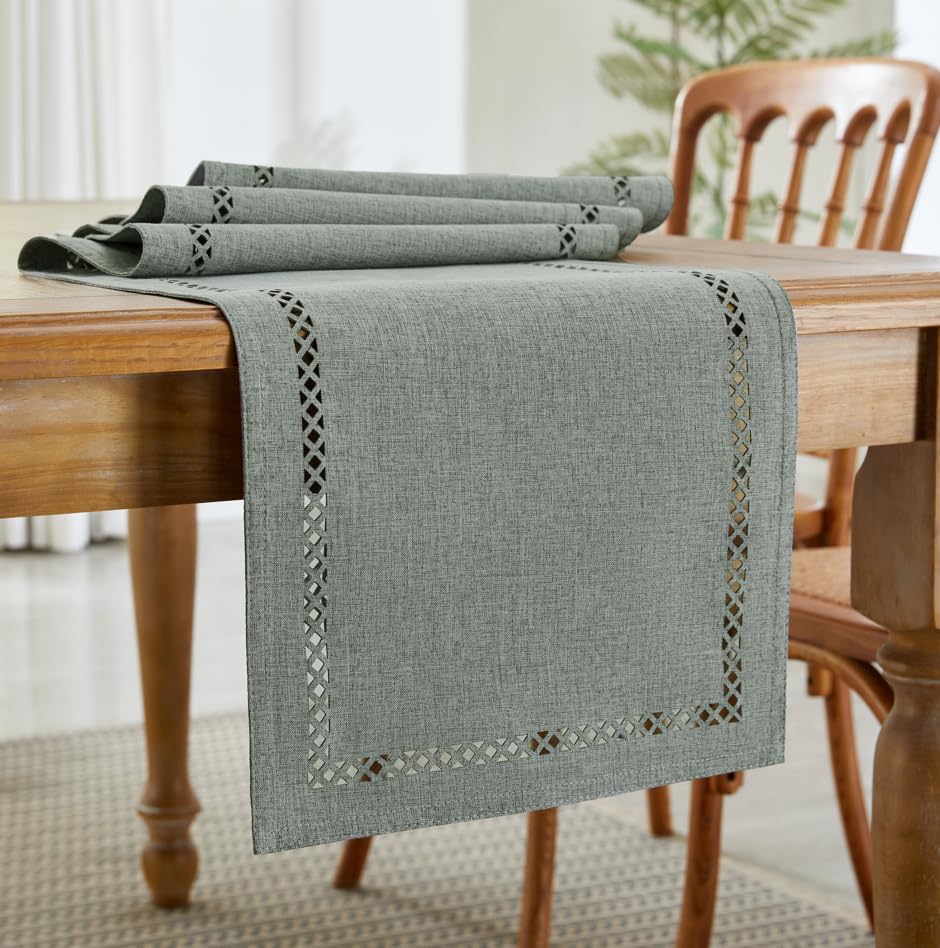 Wracra Boho Linen Style Table Runner, 90 cm Long Rustic Table Runners, Unique Two-layer Geometric Hollow Table Runner for Dining Holiday Parties and Everyday Use (Grey, 90cm)
