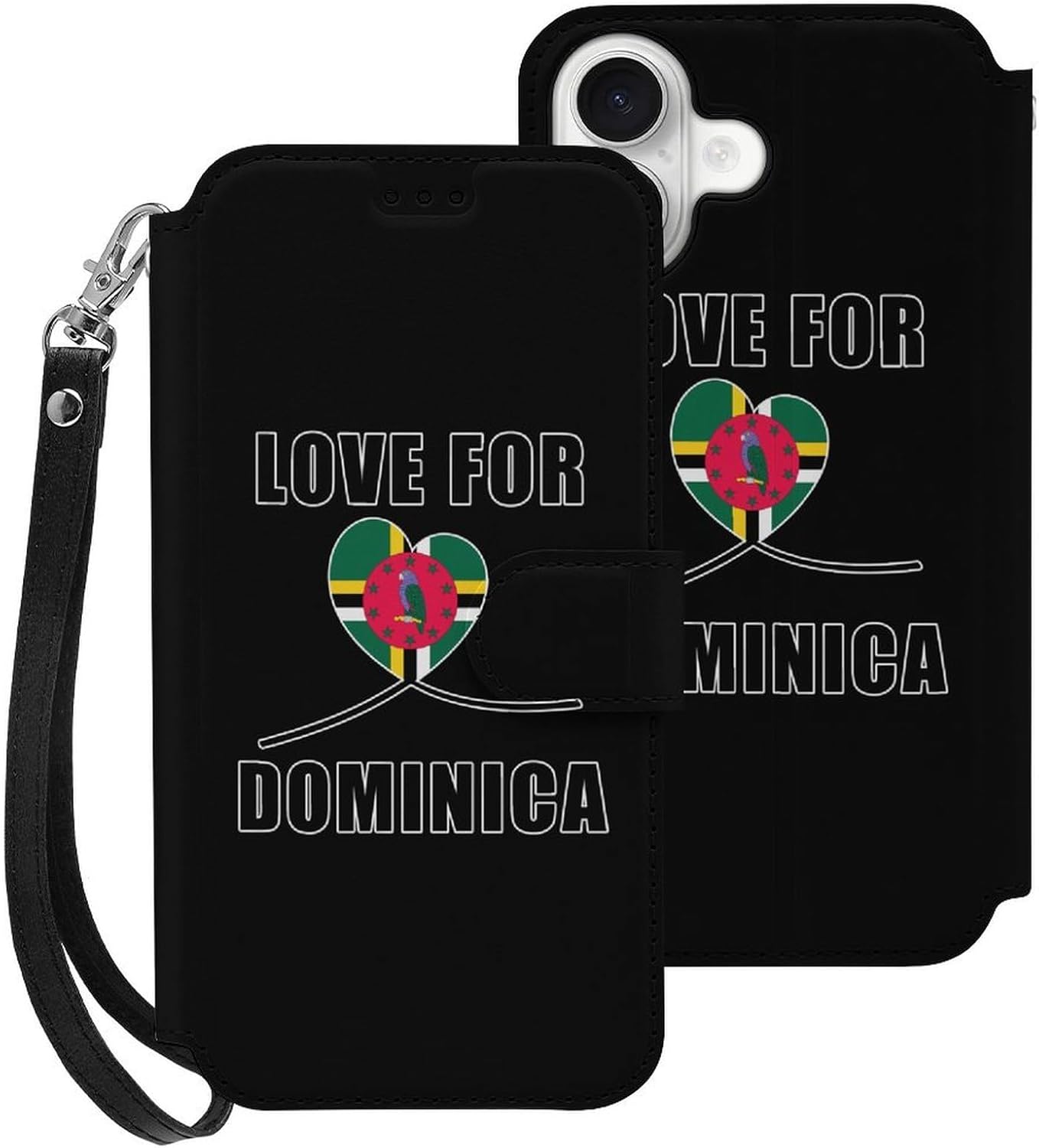 Love to Dominica Dominician Flag Compatible with iPhone 16/16 Plus/16 Pro/16 Pro Max/16 E Case Phone Wallet Card Holder Flip Cover with Wrist Strap