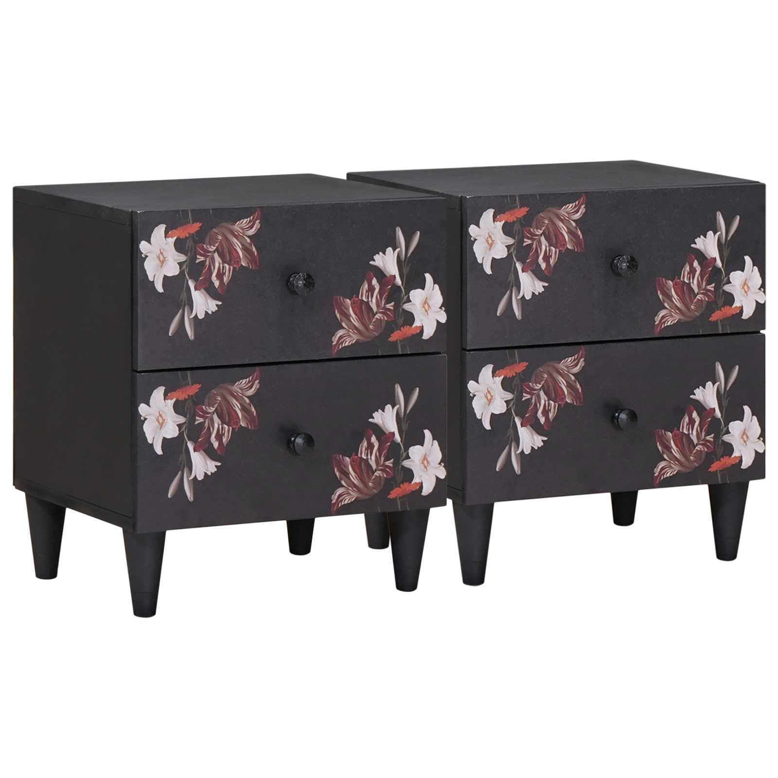 Elegante mesita de noche para dormitorio con botones de latón y cajón de madera maciza de mango en color marrón, diseño moderno con líneas limpias y estampado floral