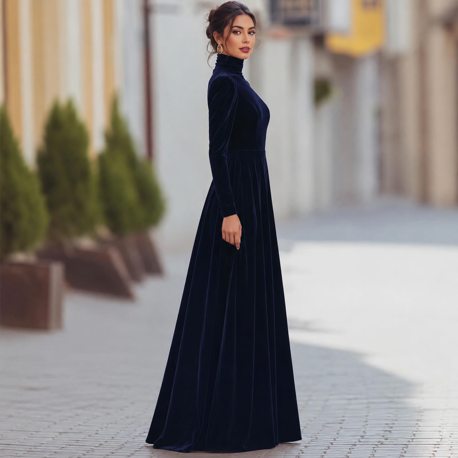 Winterkleid Damen Elegant Festlich Abendkleid Lang Rollkragen