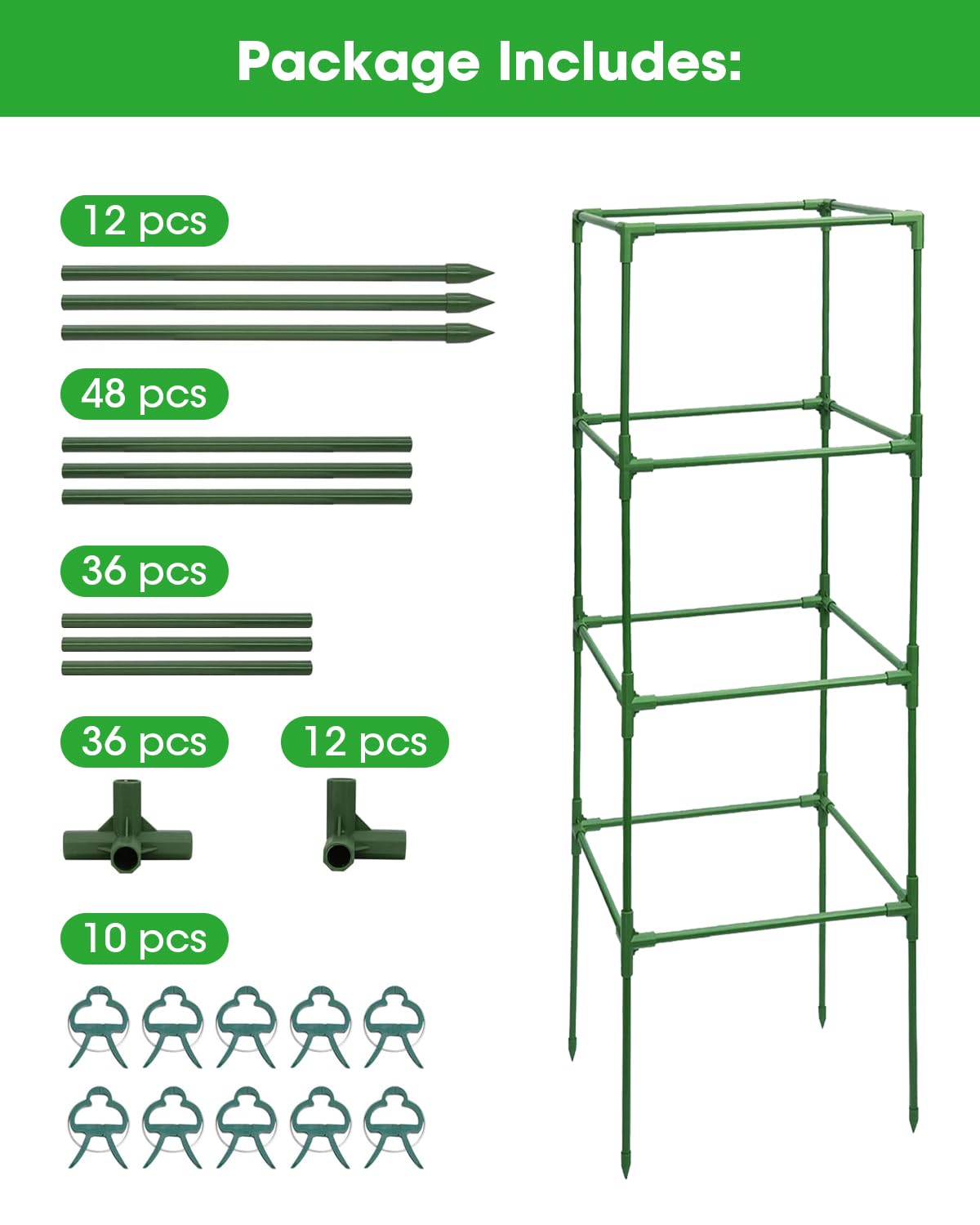 MYMULIKE Lot de 3 supports de cage à tomates carrés pour jardin, 105,4 x 39,1 x 39,1 cm, treillis réglable en hauteur pour parterre de jardin surélevé, plantes, fleurs - 10 clips inclus