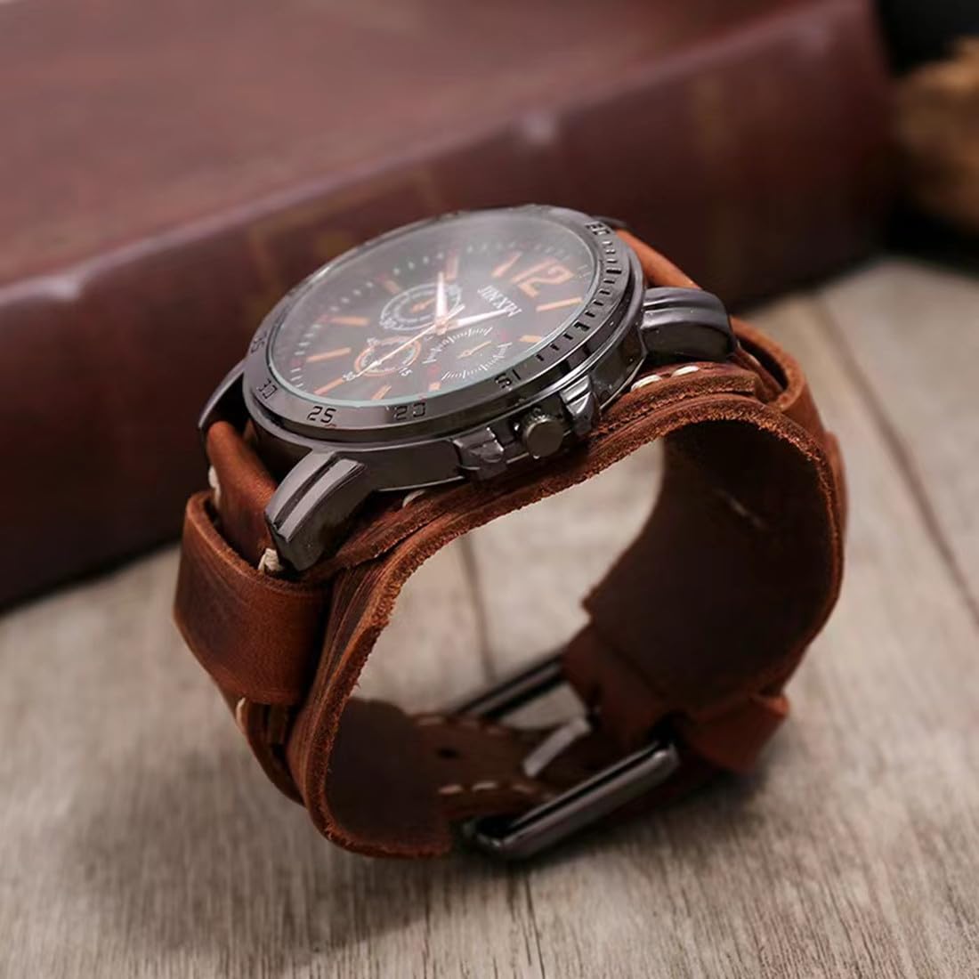 MINILUJIA Reloj de pulsera para hombre cosido a mano con cuerda de cera, vintage, punk, hiphop, gótico, ancho, de cuero, redondo, cuarzo, esfera grande, negro y marrón