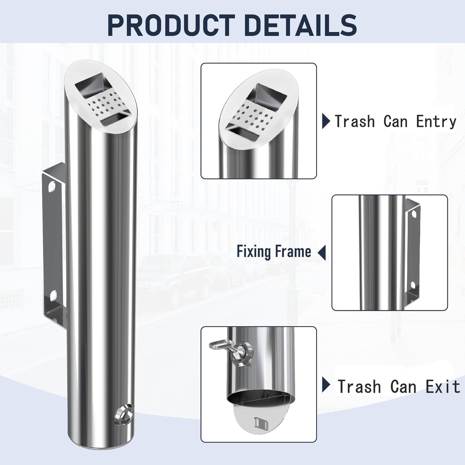 Cubo de basura vertical de acero inoxidable, 48 cm, cubo de basura de cocina montado en la pared con llave, cubo de basura de 1,8 L para hoteles, cafeterías, oficinas, restaurantes, bares