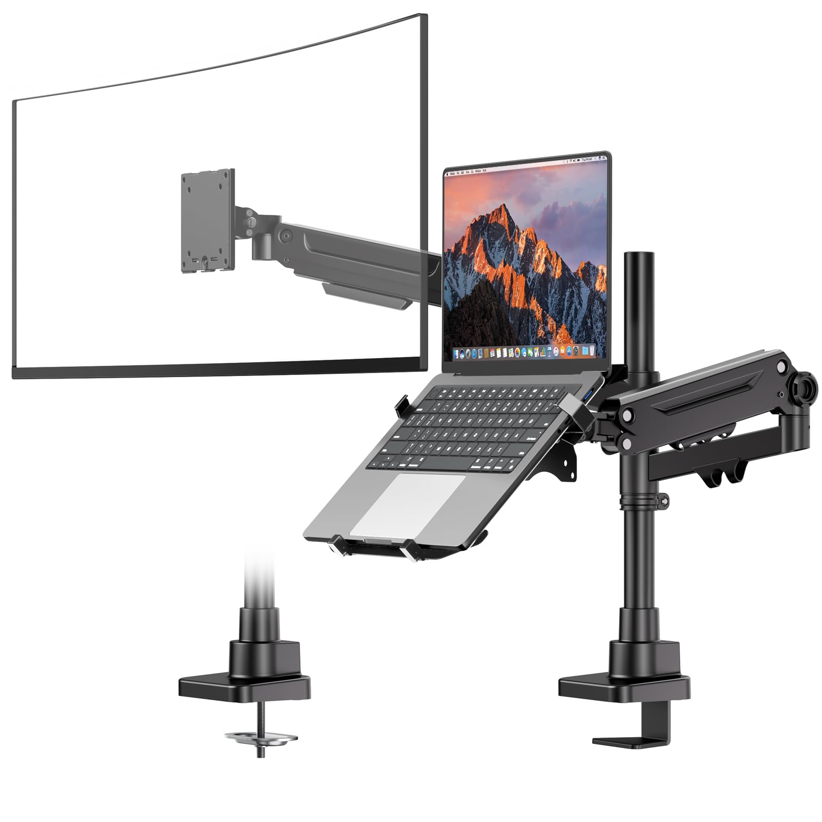 Support Écran PC Portable 2 en 1 Réglable Double Bras pour Écran LCD LED 17-49 Pouces, Ordinateur Portable 18 Pouces, 20kg