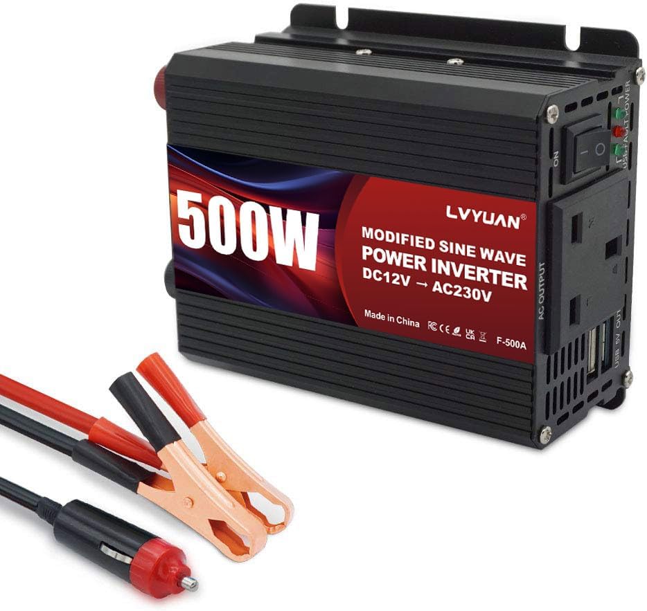 LVYUAN 500W Power Inverter DC 12V to 230V 240V AC Transformer Car Converter 12V with dual USB ports & UK Sockets Car Charger Lighter Adapter