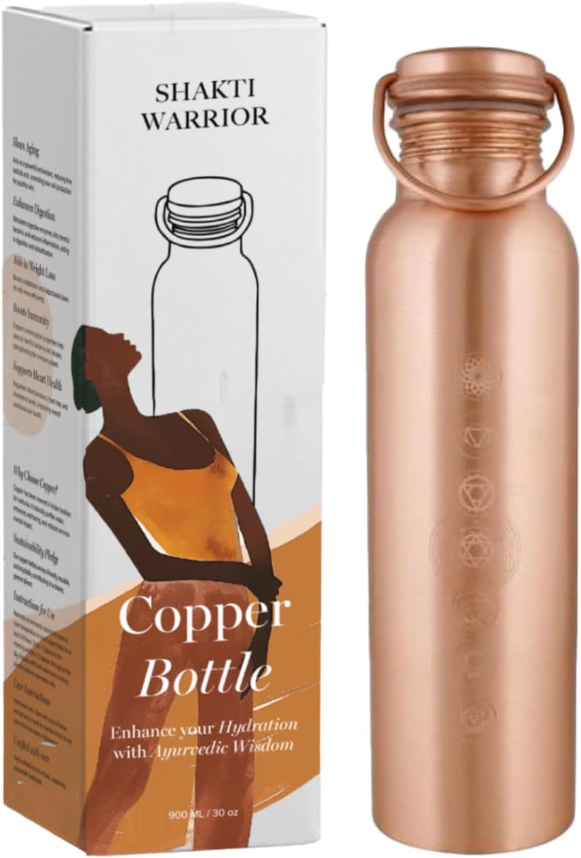 Shakti Warrior Chakra Tamba Copper Bottle - Pure Copper Water Bottle, Food Grade Silicone Seal, Leak Proof (30oz)