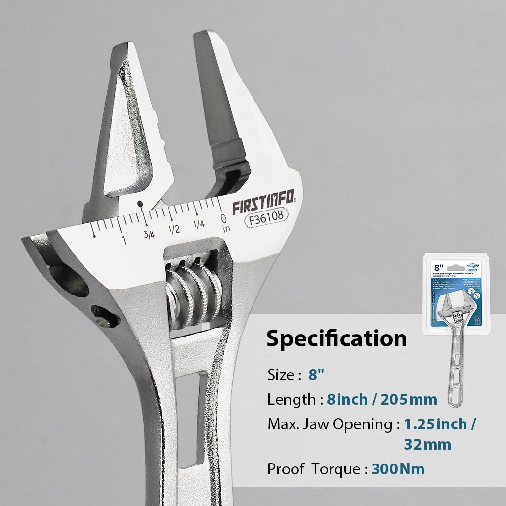 FIRSTINFO F36108 | 8"/200mm | Llave Ajustable | 32mm Capacidad Máxima de Apertura | Escalas Métrica y SAE | Construcción en Acero Cromo-Vanadio