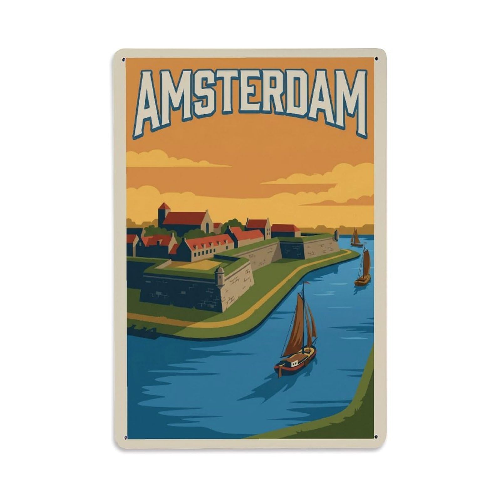 Okngb Style Fortress Amsterdam Old Town Retro Architecture Landmark Metal Tin Sign Plaque Wall Decor For Cafe, Man Cave, Club Bar, Office, Home Garden Round Metal Poster 8X12inch
