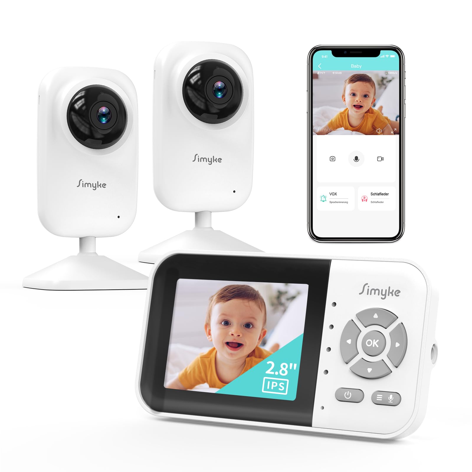 Simyke Upgraded Video Baby Monitor with 2 Cameras and Audio 2.8'' Screen, 2-Way Talk, 1200ft Range, Feeding Clock, Temperature Detection, Wireless Camera