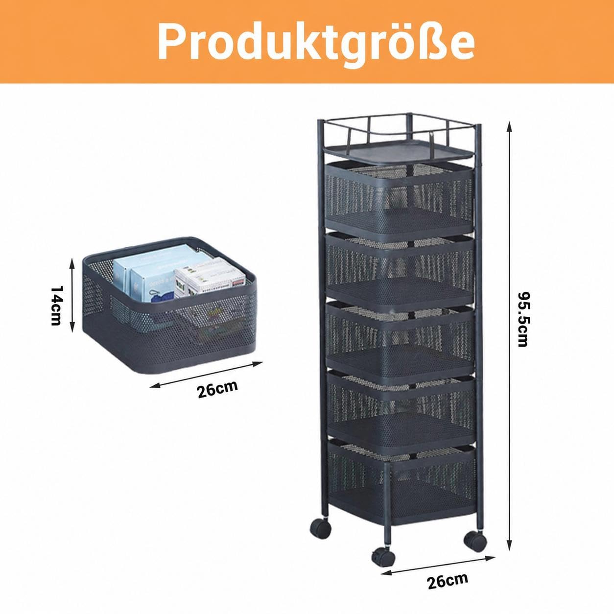 Drehbarer Aufbewahrungswagen mit 5 Etagen，Carbonstahl Küchenregal mit Rollen 26 x 26 x 95.5 cm, Platzsparender Rollwagen für Obst, Gemüse, Snacks，Küchenorganizer für Büro, Wohnzimmer und Küche
