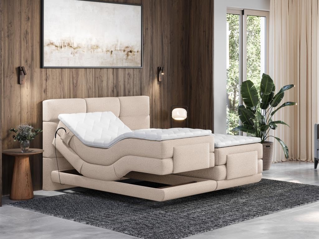 Brand Set letto Boxspring 2x90x200 Beige LODI di PALACIO: Testata trapuntata + Rete relax elet. + Materasso + Topper